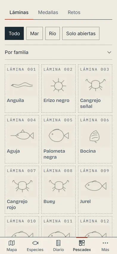 El atlas de la Pescadex: láminas numeradas con la silueta de cada especie, todavía cerradas.
